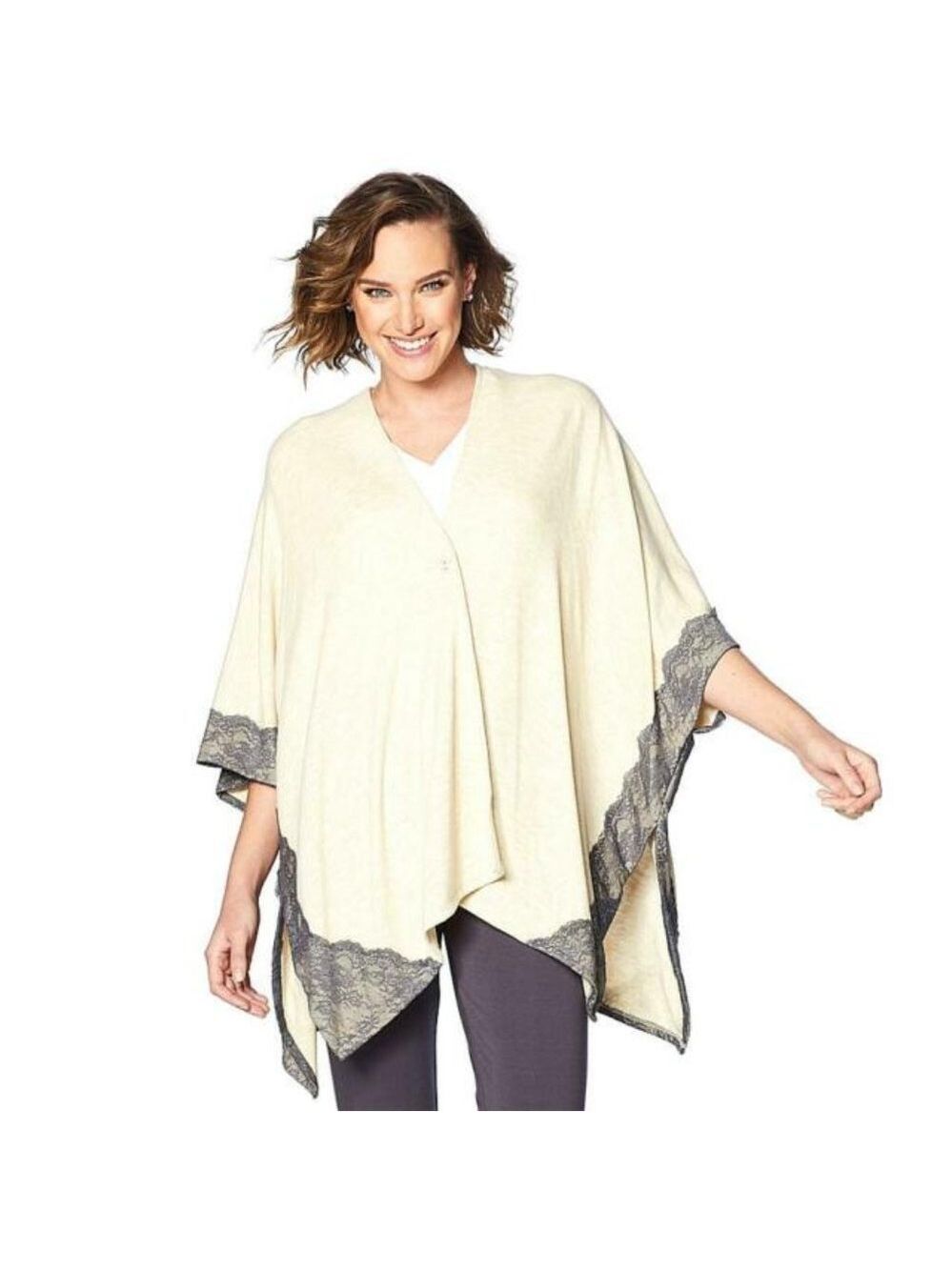 Soft Cozy Cardigan Brushed Hacci Knit Poncho Lace Trim